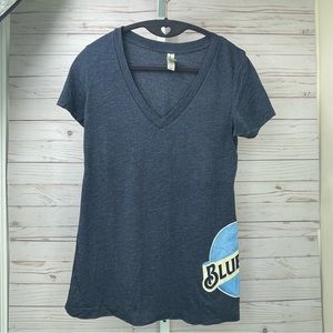 Blue Moon Beer Women's Size Medium Gun Metal Blue V-Neck Slim Fit T-shirt